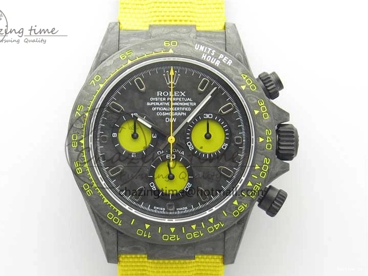 0102 Supportive Daytona DIW Carbon Case and Bezel Black Yellow Dial on Yellow Nylon Strap A 3220